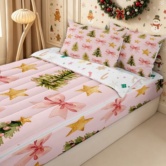 Erosebridal Pastel Christmas Zipper Twin Comforter Sets with Fitted Sheet and 2 Pillowcases,Holiday Tree Zipper Bedding Set,Pink,Reversible