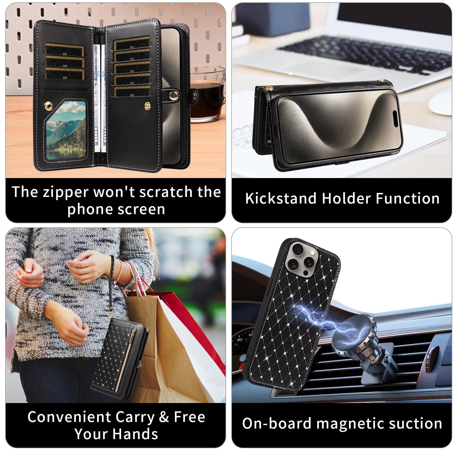 Asuwish Phone Case for iPhone 15 Pro 6.1 inch Zipper Wallet Detachable Cell Cover with Tempered Glass Screen Protector Crossbody Lanyard Strap Bling Glitter Flip Card Holder Slot i15Pro Women Black