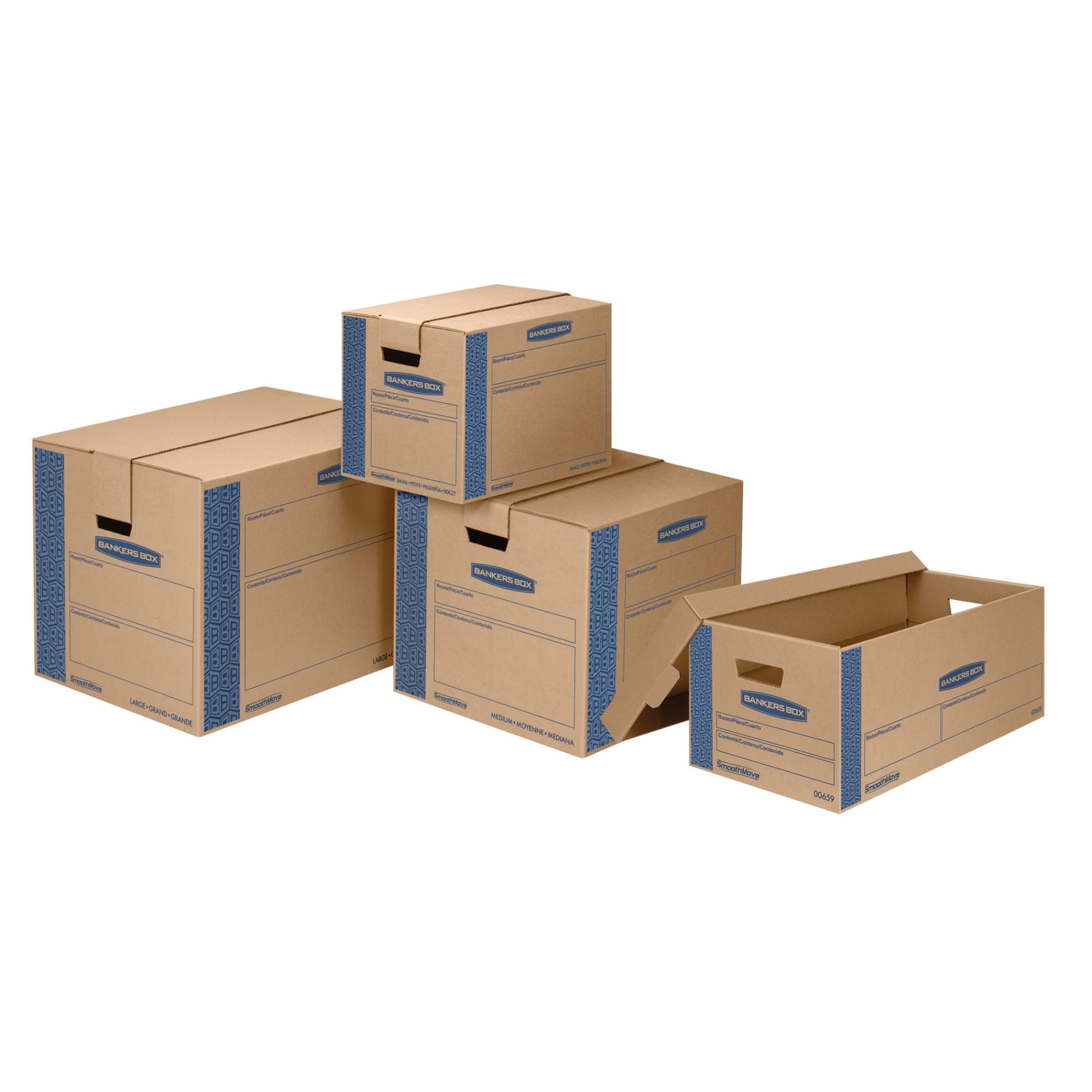 Bankers Box SmoothMove Prime Moving & Storage Boxes, Small, Half Slotted Container (HSC), 24" x 12" x 10", Brown Kraft/Blue, 8/Carton -FEL0065901