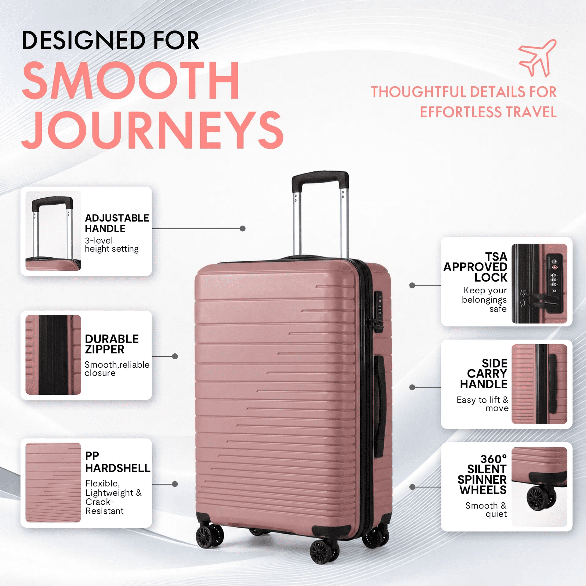 3-Piece PP Hardshell Luggage Set, Lightweight Scratch-Resistant Suitcases with TSA Lock, 4 Silent Spinner Wheels, 20"/24"/28", Dusty Pink