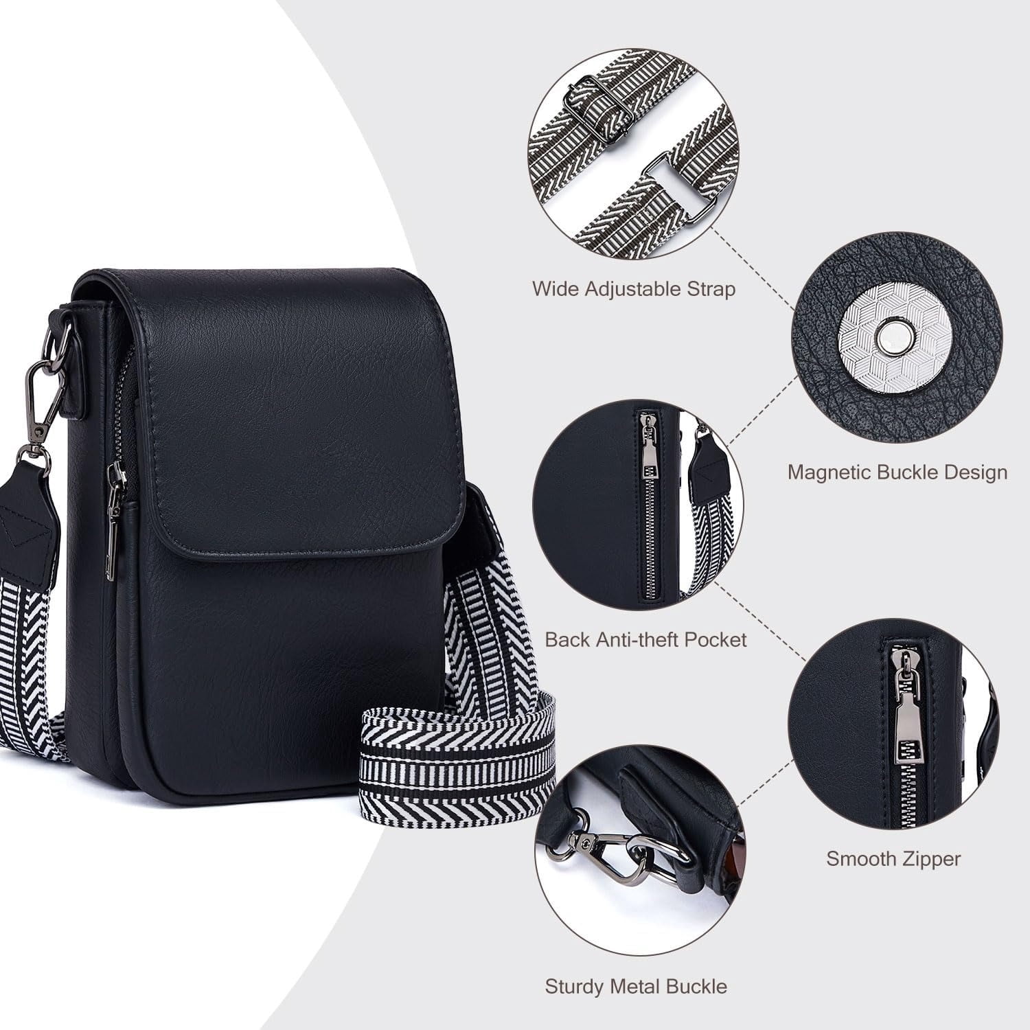 Kwuty Small Crossbody Bags for Women Trendy,Leather Triple Compartment Cell Phone Crossbody Wallet Purses with Card Slots（Black）