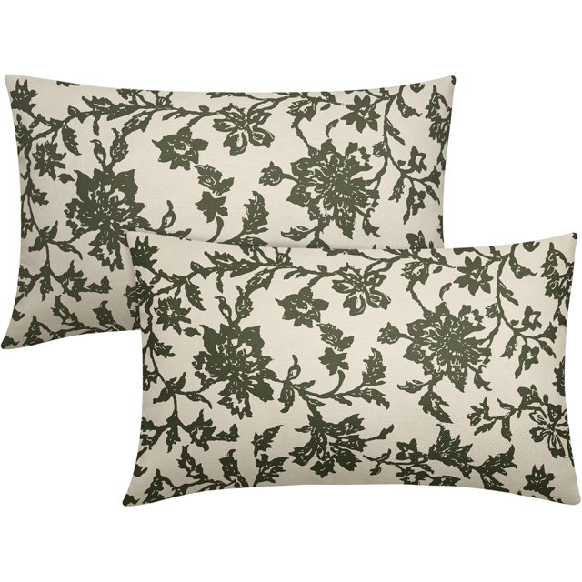 Olive Green Floral Block Print Lumbar Pillow Covers 12x20 Set of 2 Rustic Old Style Vintage Flower Pattern Cream Decorative Rectangle Throw Pillow Cases Outdoor Farmhouse Decoration for Sofa Couch Bed