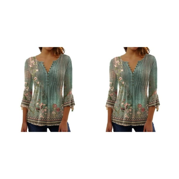 Qarigey Tops de manga 3/4, camiseta oscilante, túnica de verano, blusa lavable con cuello en V para mujer, ropa de playa elegante a la moda Verde XXL 2piezas