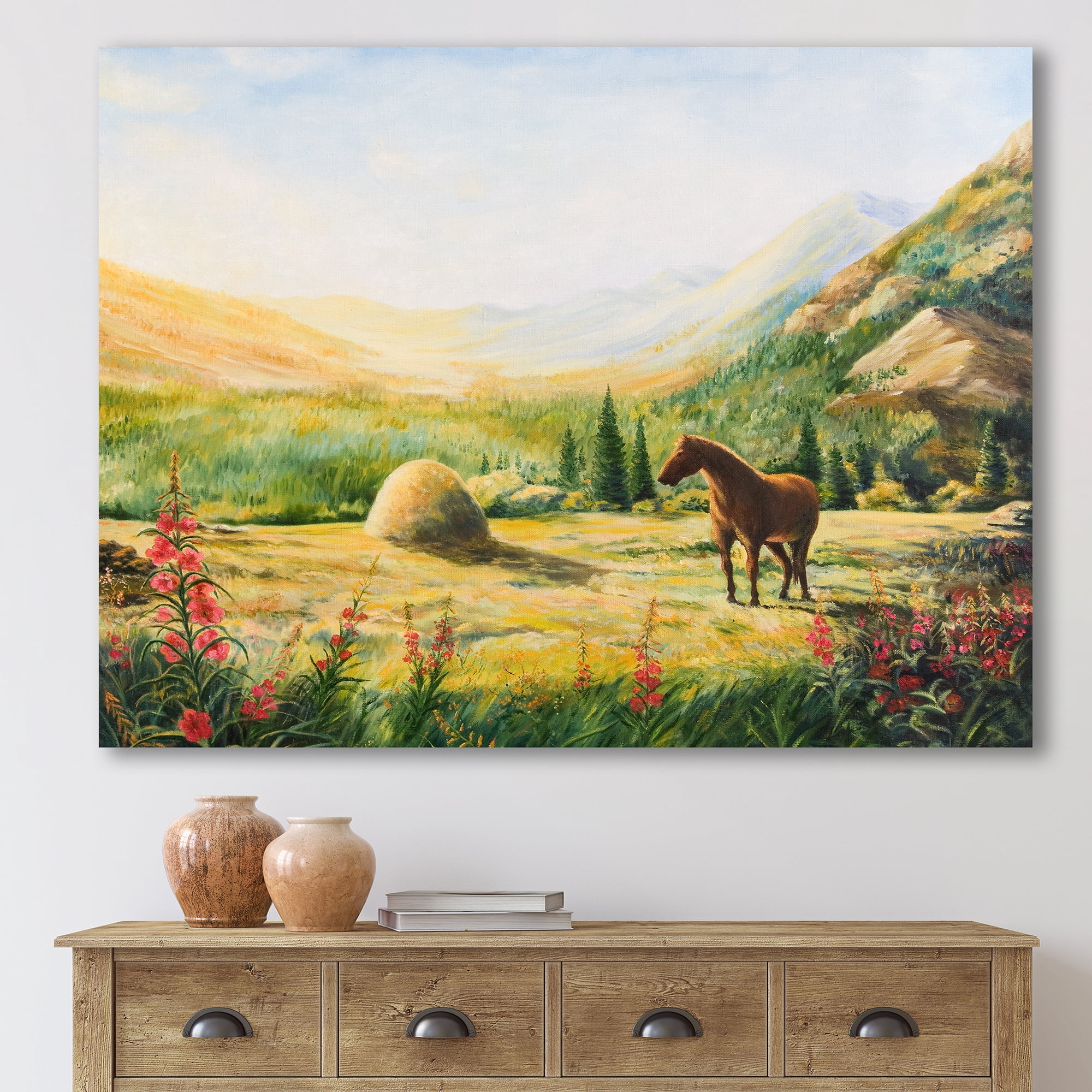 Designart ' Sunrise In The Mountains With Horse ' Farmhouse Canvas Wall Art Print