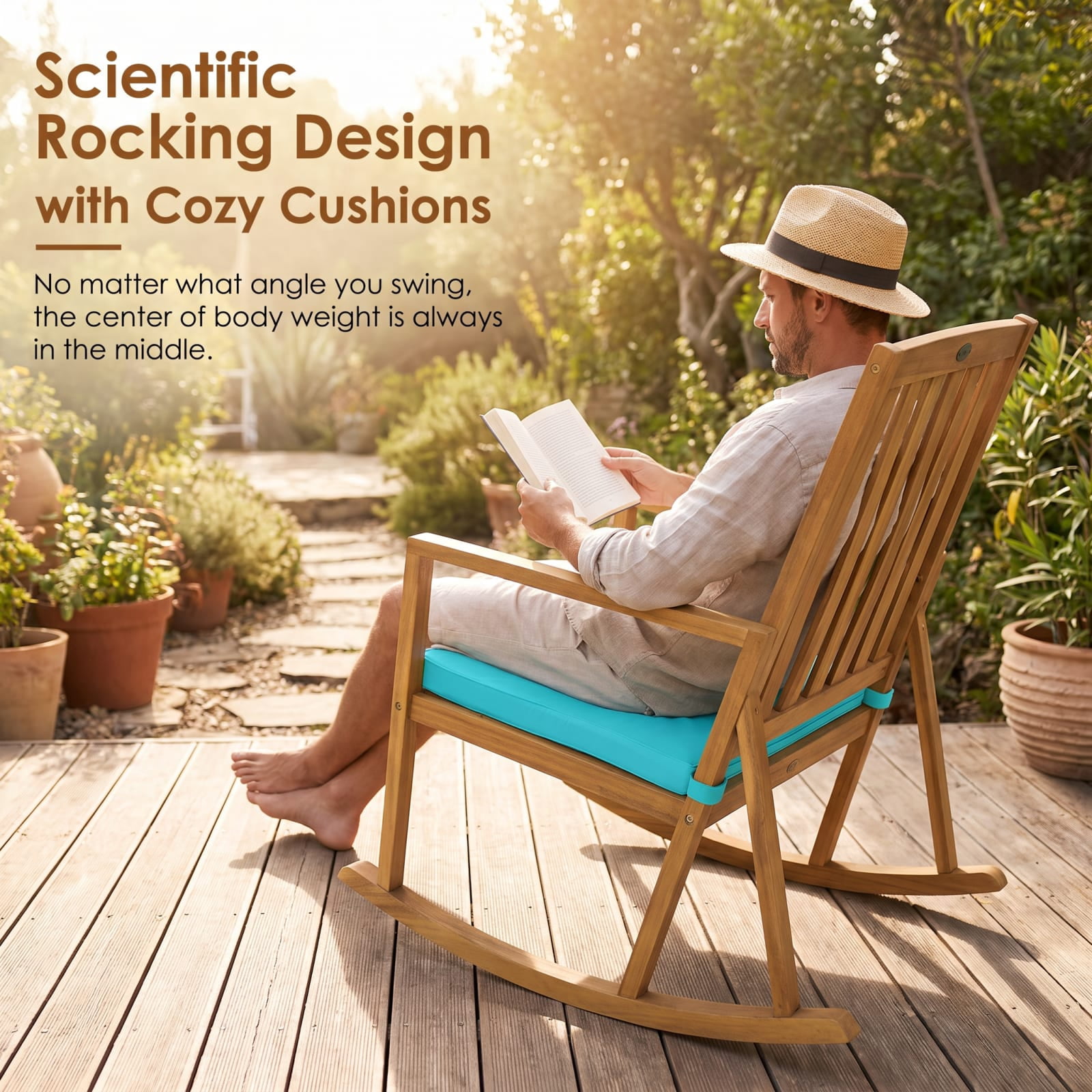 Furnibear Turquoise Outdoor Rocking Chair Acacia Wood for Porch Deck Balcony Holds 350 lbs Weather-Resistant Outdoor Furniture