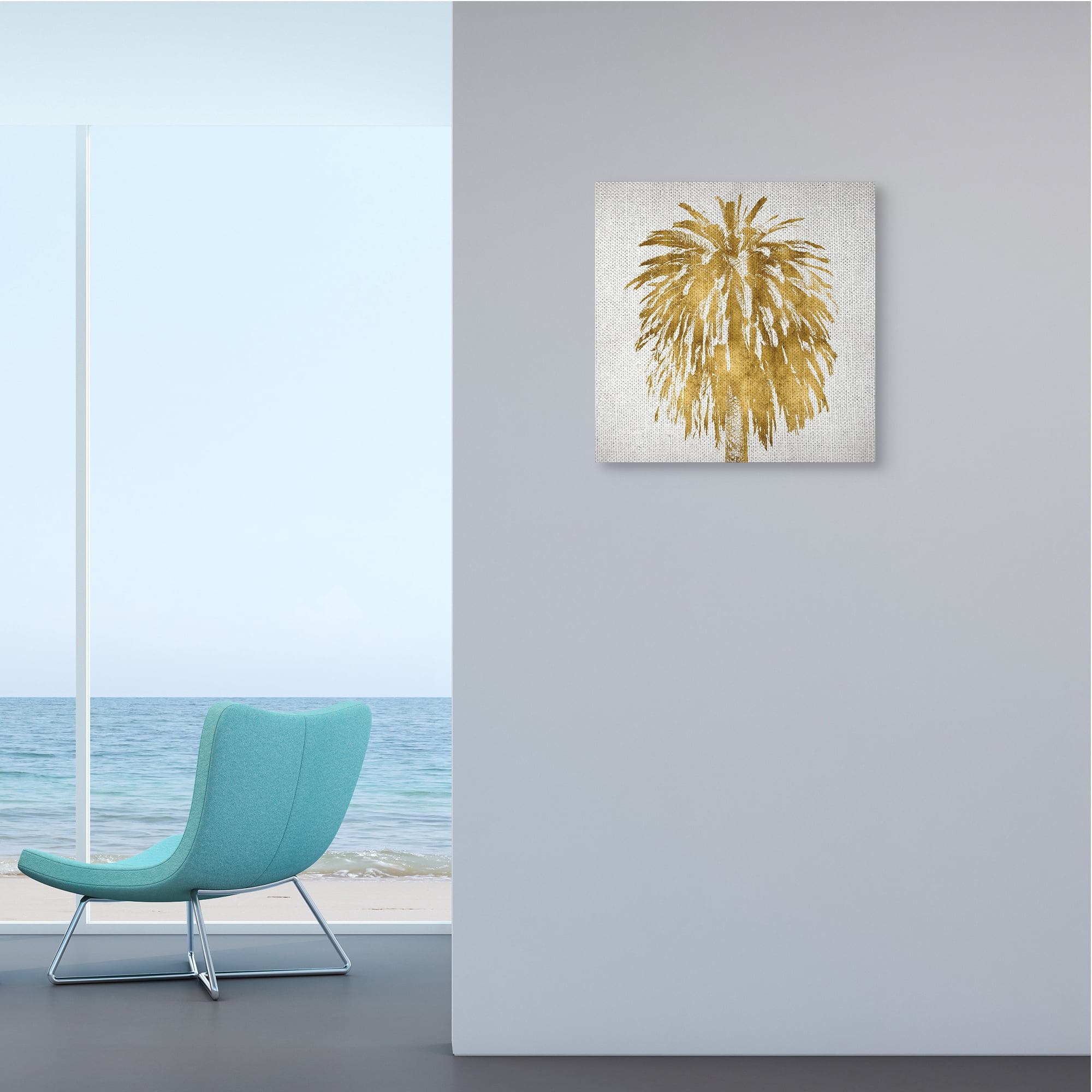 Gold Glam Tropical Palm Tree Over Neutral Coastal Gallery-Wrapped Canvas Print Wall Art, 17x17