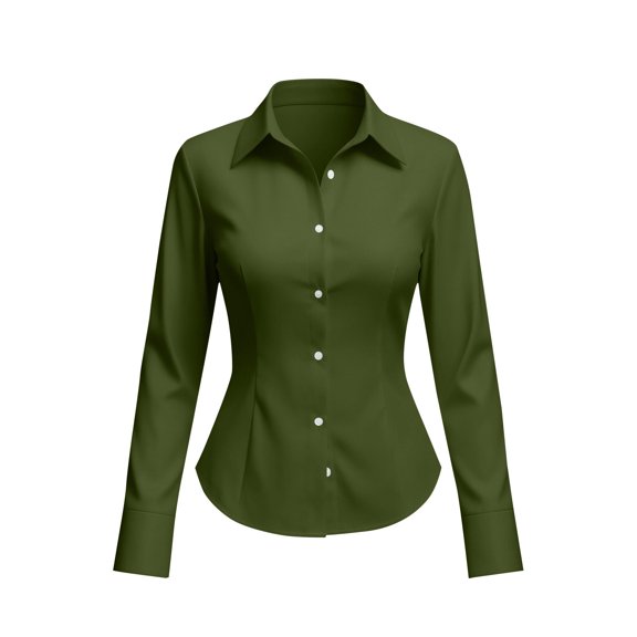 TKLPEHG Women's Slim Collared Long Sleeve Button Dress Shirts Fitted Curved Hem Office Blouses Solid Color Formal Work Tops for Business Daily Outfits (Army Green,L)