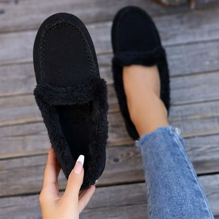 Miluxas Women s House Slippers Clearance Indoor Outdoor Fuzzy Fluffy Furry Loafers Suede Leather Warm Shoes Black 8(41)