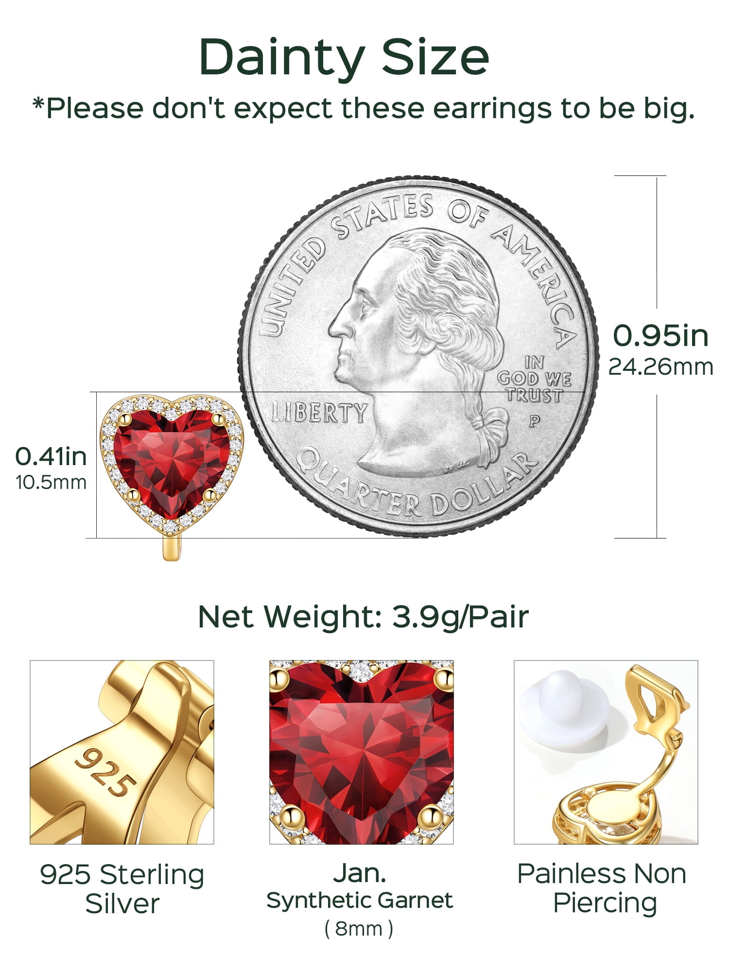 ChicSilver 925 Sterling Silver Non-Pierced Stud Earrings January Birthstone Clip-on Earrings for Women 14K Gold Plated