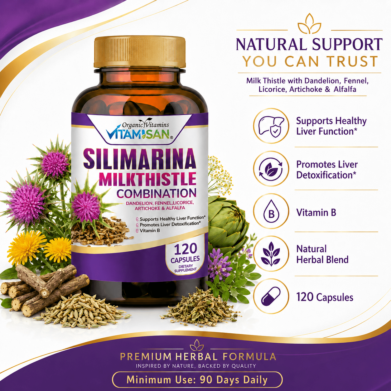 Vitamisan Silimarina Milk Thistle Combination 120 Capsules – Liver Support Supplement with Milk Thistle Extract, Dandelion, Artichoke, Alfalfa & Fennel Seed