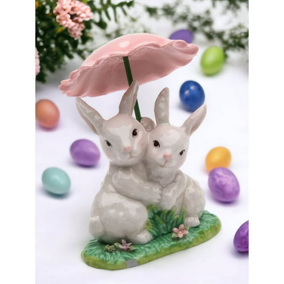 Ceramic Bunny Rabbits with Flower Umbrella 3.25in