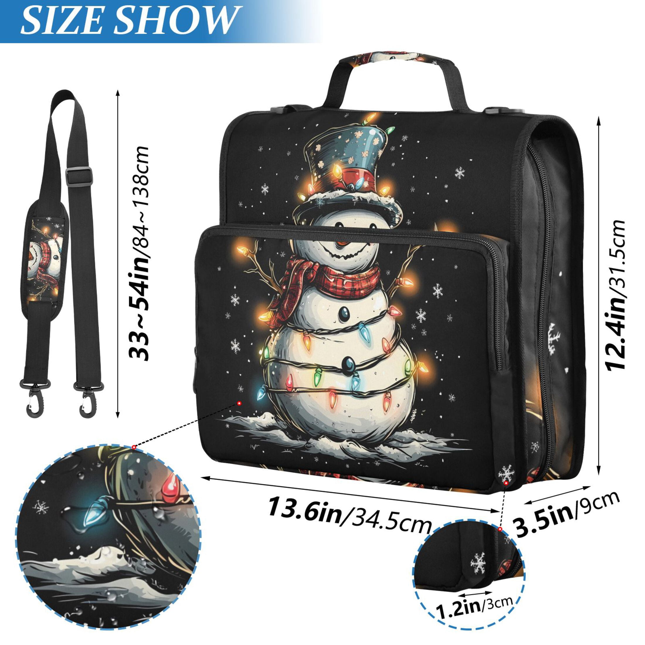 3 Ring Zipper Binder with Shoulder Strap Waterproof Trapper Keeper 2 Inch D-Ring 500 Sheets Capacity Happy Snowman with Colorful Lights