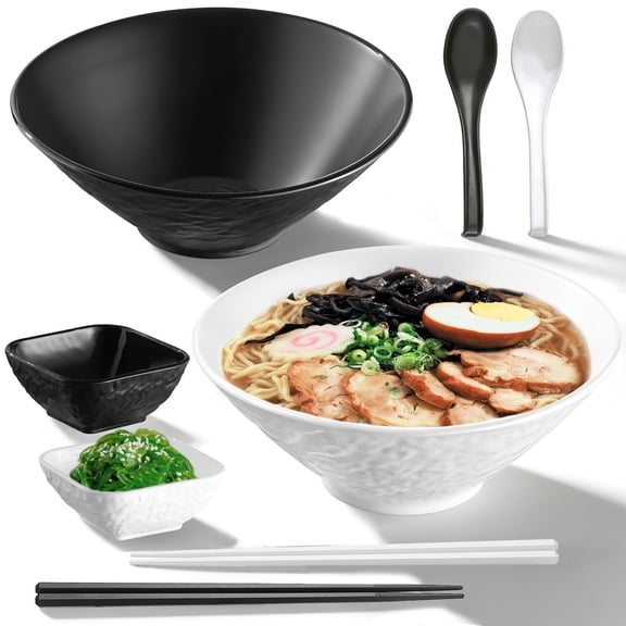 ReaNea Ramen Bowl Set 40oz with Chopsticks Dipping Bowls and Spoons: 2 large Unbreakable Japanese Style Plastic Noodle Soup Bowls for Asian Pho Soup Thai Miso Udon Wonton (Black, White)