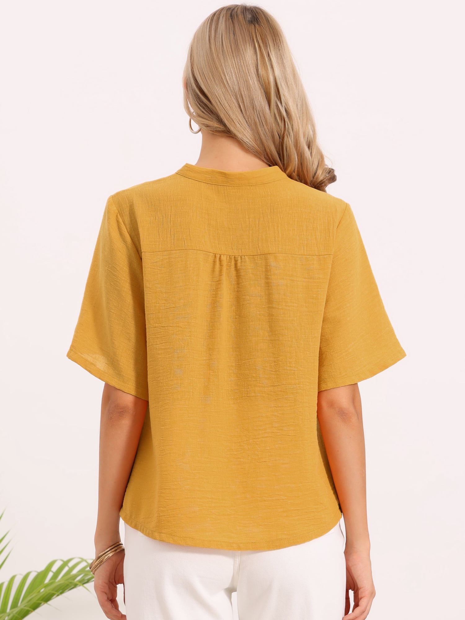 DARING DIVA Women's Short Sleeve Blouses V Neck Dressy Casual Solid Tops S Yellow