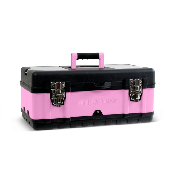 Pink Power Pink Tool Box for Women - 18" Small Metal & Plastic Portable Lightweight Pink Locking Empty Toolbox Chest - Craft Tote Storage Tool Case Organizer for Ladies Pink Tool Set Kit