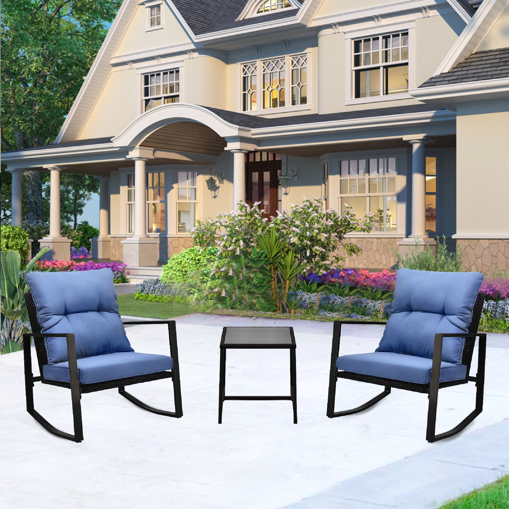Leumius Patio Furniture Set,3 Pieces Outdoor Rocking Chairs Set with 2 Chairs & Side Table,Weather-Resistant Patio Furniture for Garden,Bistro,Porch,Blue
