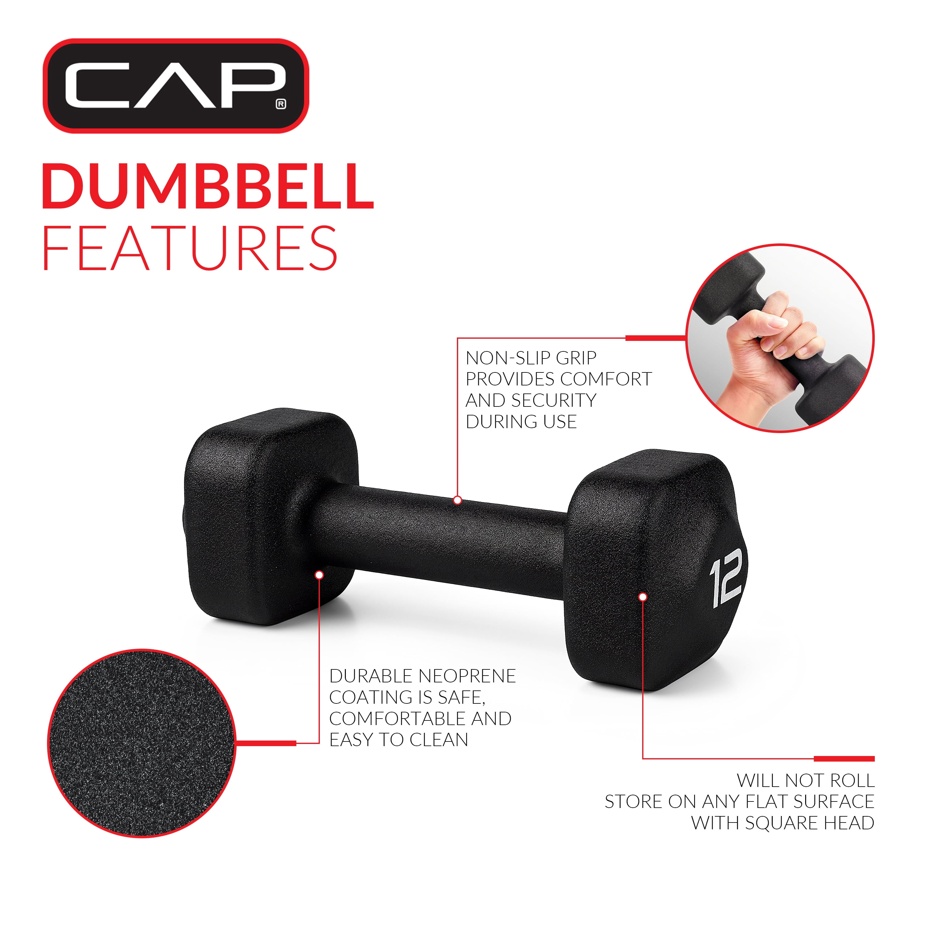 CAP Barbell 50 lb Neoprene Dumbbell Set with Storage Rack, 3-Pair Free Weights for Home Gym, 5, 8 & 12 lb Dumbbells