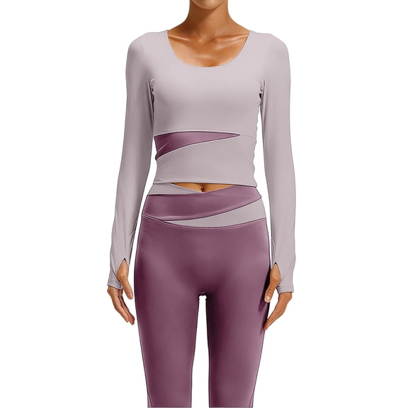 Qingpeng Womens Color Block Crew Neck Long Sleeve Crop Workout Tops Thumb Holes Breathable Slim Athletic Shirts Yoga Sports Tops