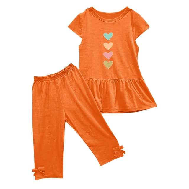 Zpanxa Ensembles d'Été pour Filles Enfants Col Rond Petit Imprimé Manches Courtes Manches Volantées Taille Élastique Pantalon Court Ensemble Deux Pièces 1- Ans