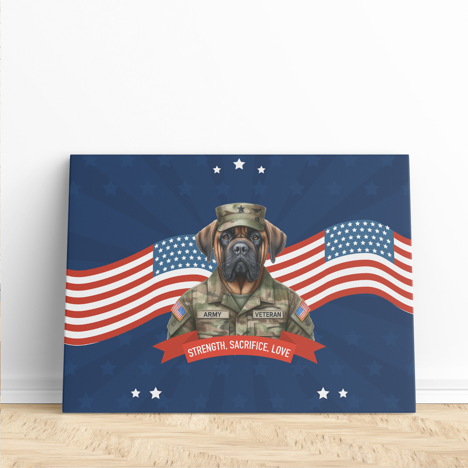 Happy Father's Day Honoring Veterans Bullmastiff in Army Uniform Horizontal Matte Canvas Poster Dog Lover Wall Art Home Decor - 13007
