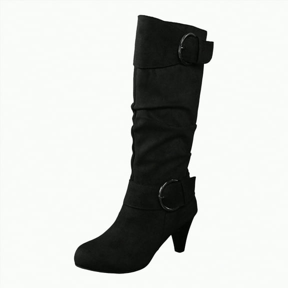 Rotm Womens Knee High Boots Pointed Toe Suede Boots Chunky Heel Slouchy Shoes Tall Fall 2025 Side Zipper Women Boots Black,Size 7