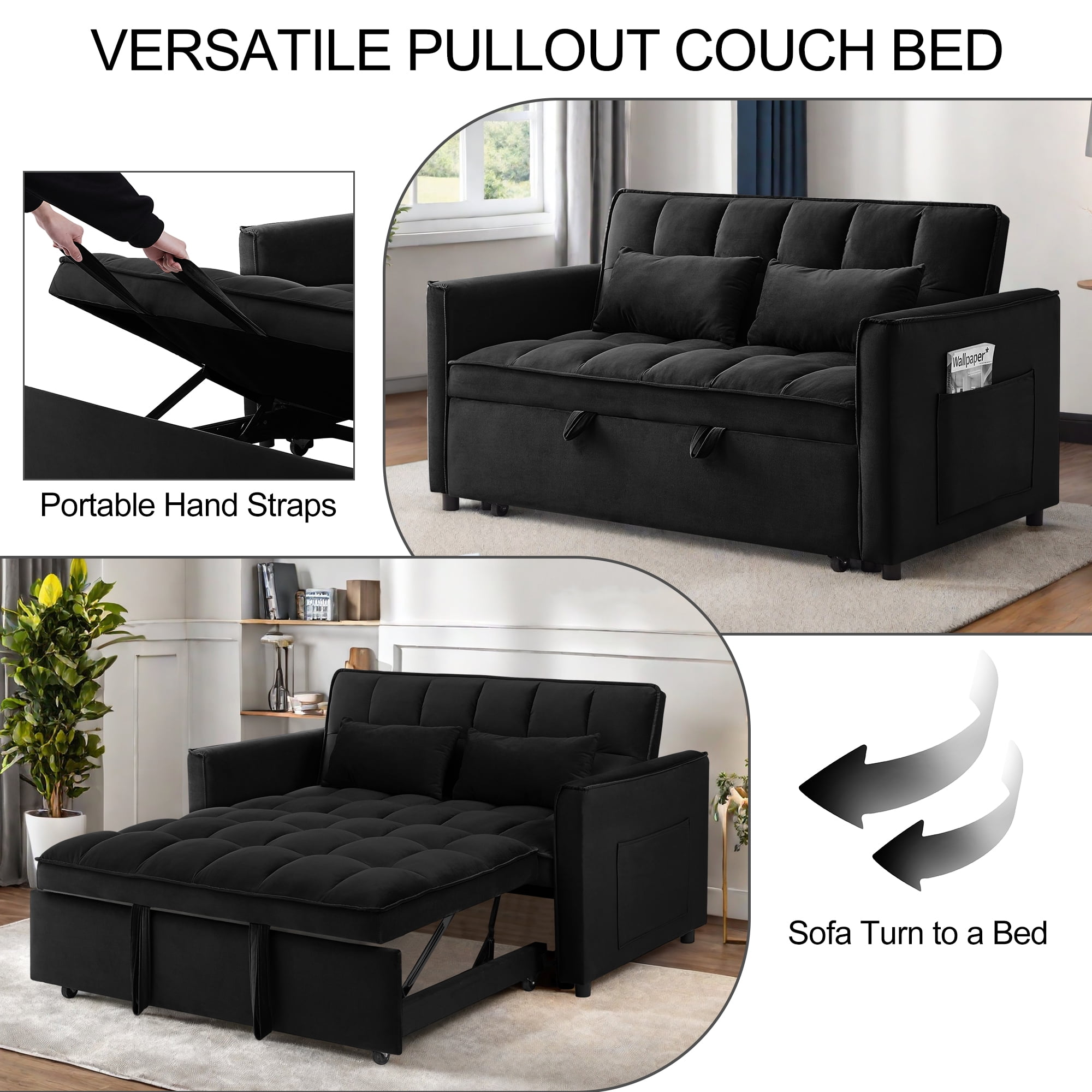 Convertible Sofa Bed,3-in-1 Sleeper Sofa with Pull Out Bed,Sleeper Futon Couch Loveseat with Adjsutable Backrest and Pillows for Living Room,Black