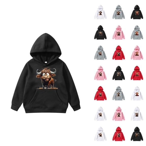 Cute Highland Cow Hoodies for Kids 2025 Long Sleeve Christmas Hooded Sweatshirt with Pockets for Boy Girl Pullover Top