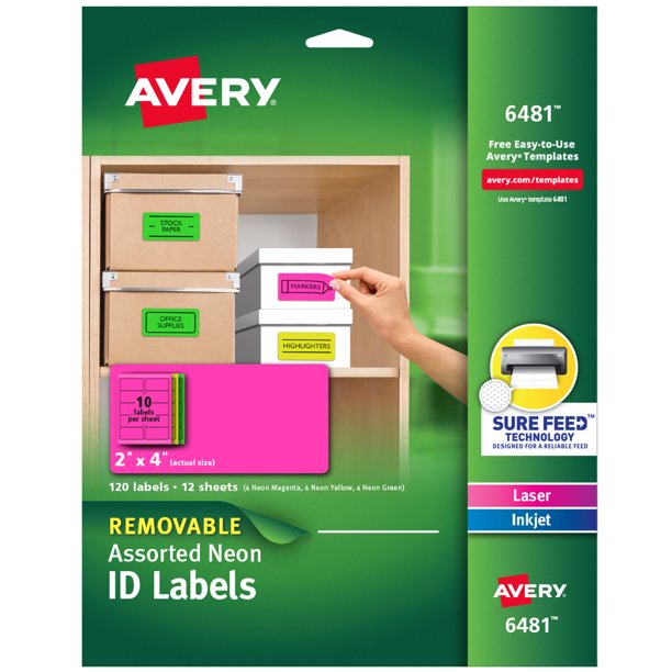 Avery Removable Multipurpose Labels, Assorted Neon, 2 x 4, 120 Labels