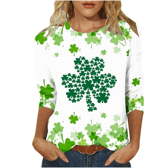 VALMASS Womens St Patrick's Day 3/4 Sleeve Shirts Plus Size Cozy Graphic T-Shirts Basic Crewneck Tops (S, White)
