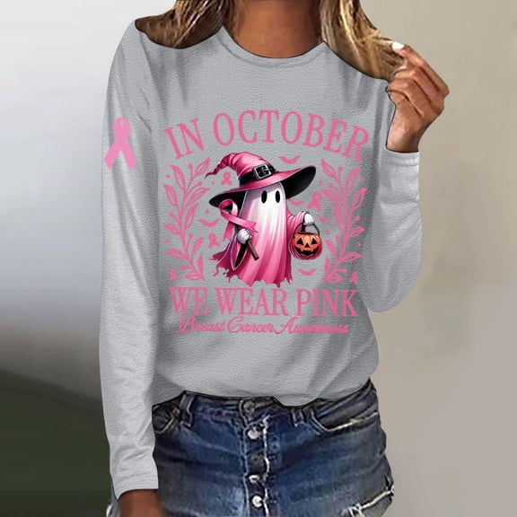 Rhuody Tshirts For Women In October Wear Halloween Breast Cancer Awareness Long Sleeve T Shirt Women'S Clothing Grey