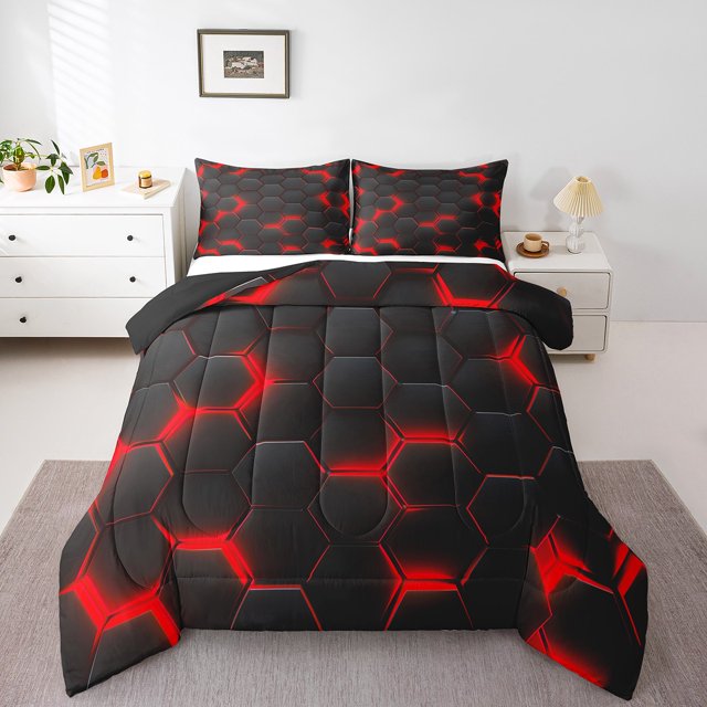 Red Honeycomb Print Bedding Full for Boys Girls Beehive Geometrical Comforter Sets, Black Hexagonal Pattern Bedding Comforter Sets Geometry Duvet Insert Modern Abstract Plaid Quilt