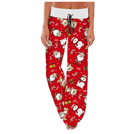 

Pajama Pants for Women Christmas Elk Snowflake Print Elastic Waist Drawstring Wide Leg Pants Casual Lounge Trousers