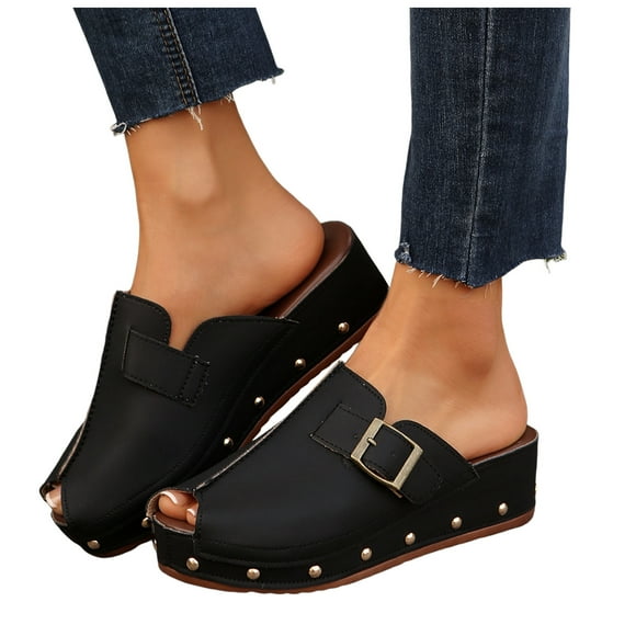 Studded Clogs Mules for Women 2025 Fashion Casual Peep Toe Platform Wedge Slip on Summer Chunky Slides Shoes