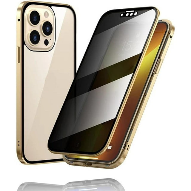 KOMI Phone Privacy Case with Privacy Screen Protector, 360 Degree Front and Back Magnetic Privacy Tempered Glass Cover for iPhone 16/15/14/13 Pro Max (Gold, 13)