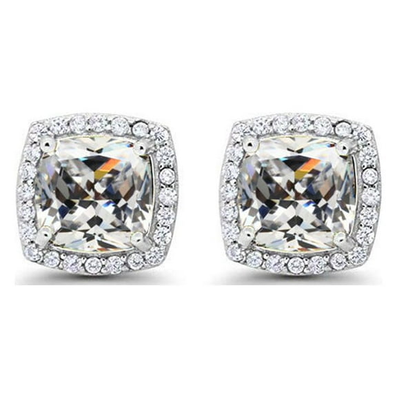 Bonjour Jewelers 10k White Gold Plated 1 Ct Created Halo Princess Cut White Sapphire Stud Earrings