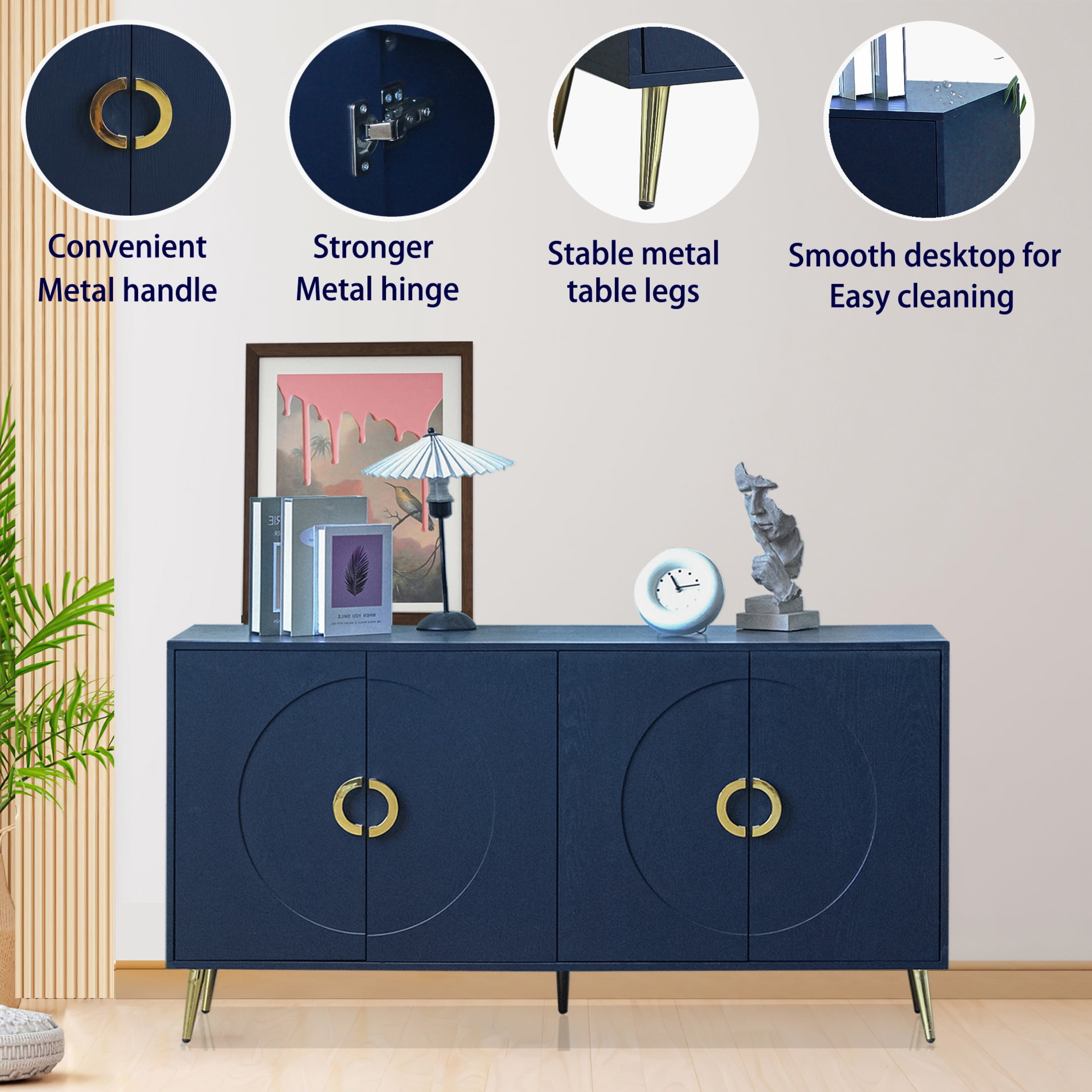 Noble House 59.8" Modern Lacquered Sideboard, Buffet Storage Cabinet with Adjustable Shelves, Navy Blue