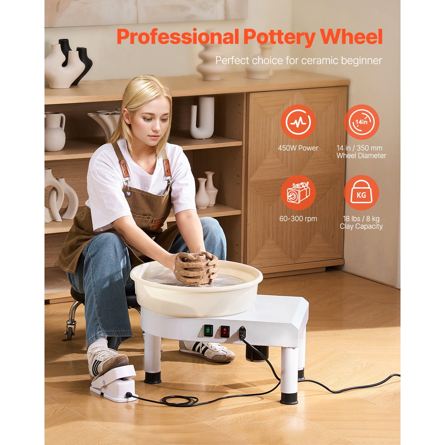 KFFKFF 14-Inch Pottery Wheel with Adjustable Speed, Foot Pedal Control, Height-Adjustable Legs, Detachable Basin, and Complete Tool Kit for DIY Ceramic Crafting, White