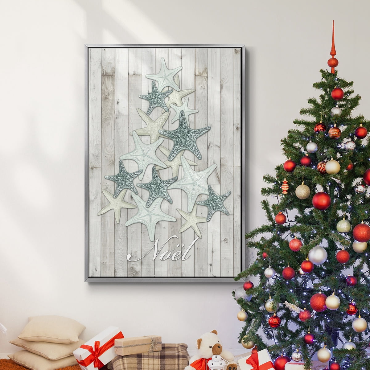 Coastal Christmas IV - Framed Gallery Wrapped Holiday Canvas - 17 x 25 - Silver Frame