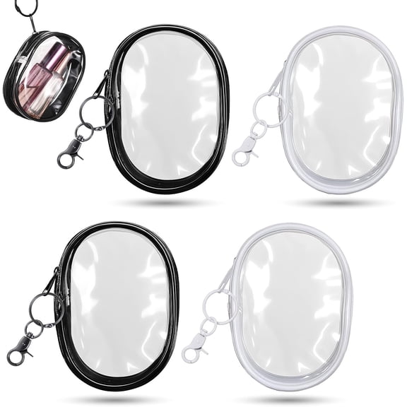 4 PCS Clear Keychain Pouch, Clear Mini Makeup Bag Keychain for Women, Transparent Figure Display Bag with Keyring (Black, White)