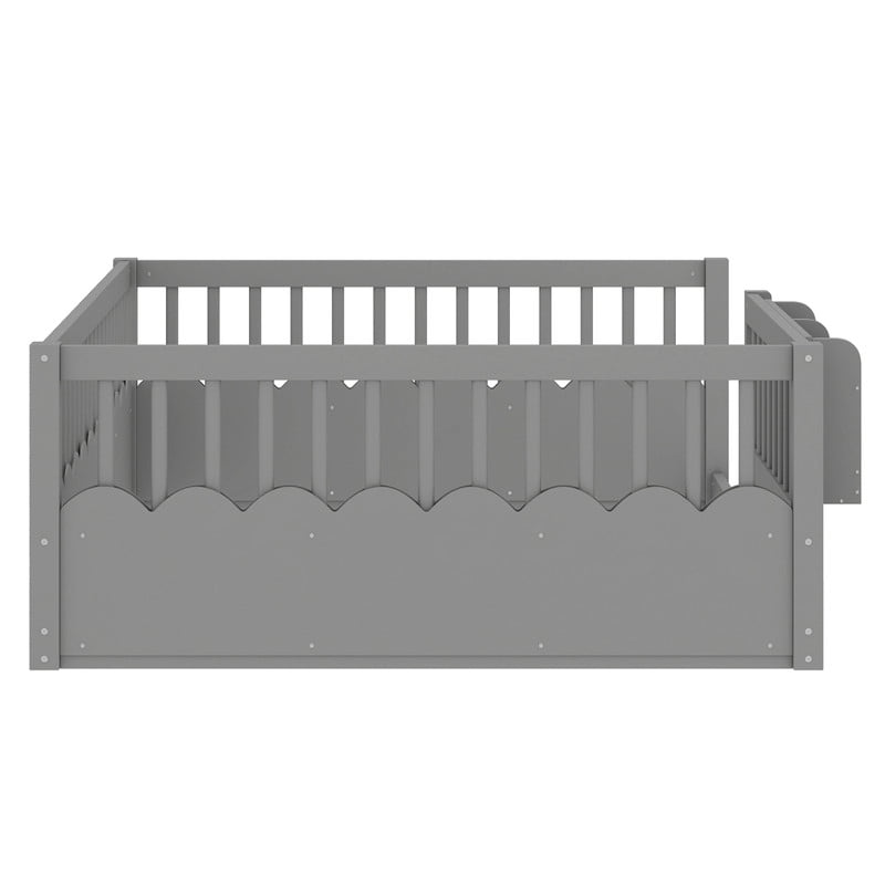 Full Size Floor Bed with Heightened Fence, Kids Platform Bed Frame with No Slat, Montessori Storage Bed with Bookshelf