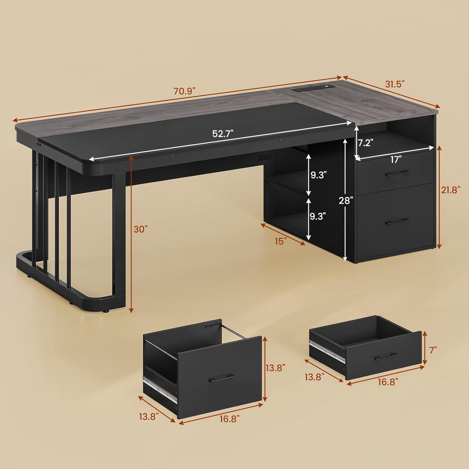 70.9" Large Executive Desk with Power Outlets, Modern Computer Table with Storage Drawers and File Cabinet for Home Office, Grey