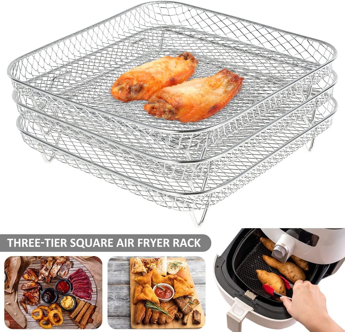 GoXteam Air Fryer Racks 3Pcs Stackable Set, Stainless Steel Mesh Baskets, Multi-Use for Air Fryer, Steamer, Oven, Dishwasher Safe (7.8 x 7.8in Square)