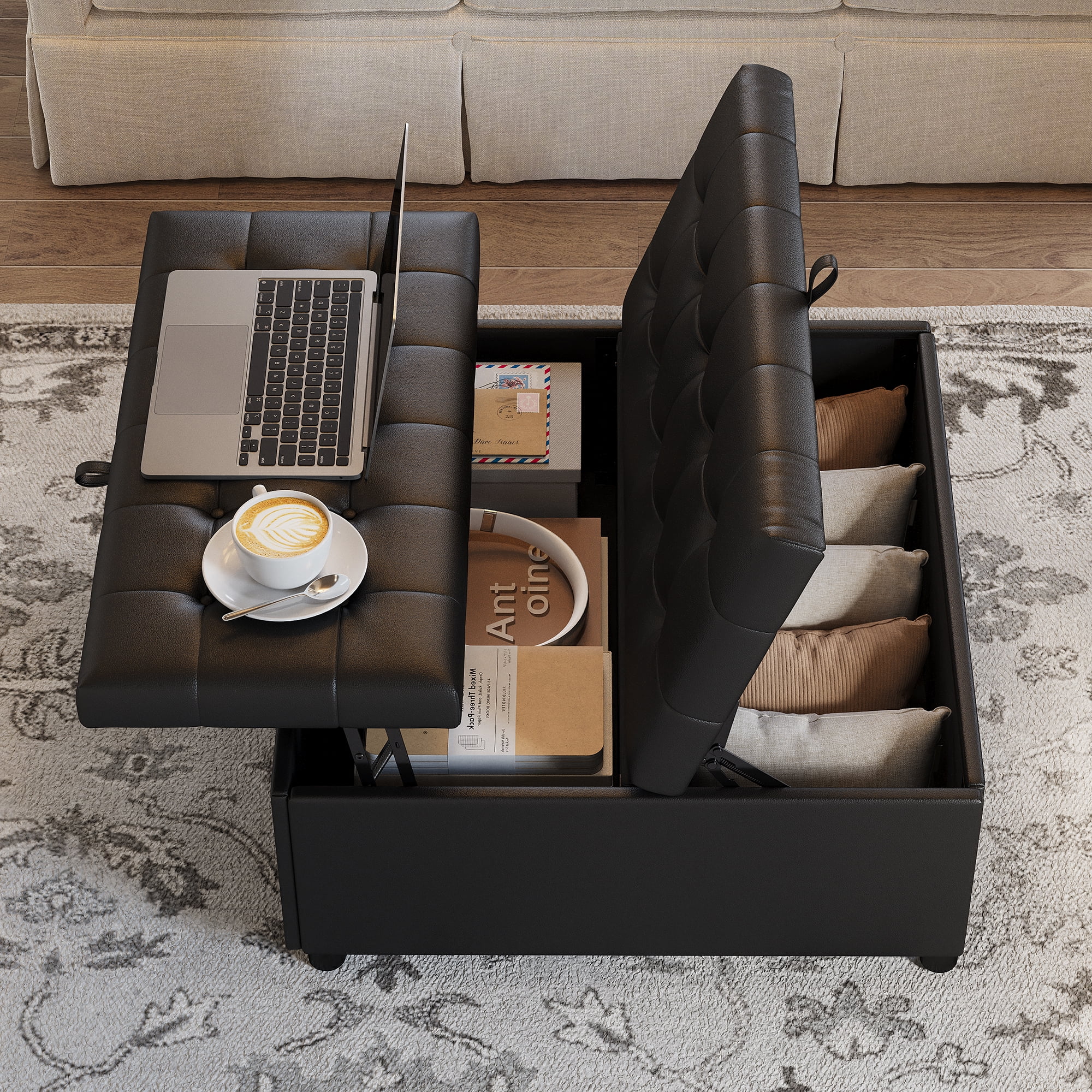 AODAILIHB Square Storage Ottoman, Storage Ottoman Coffee Table, Lift-up Large Square Footrest Stool, Black