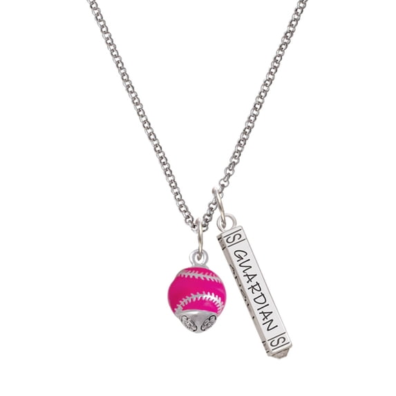 Delight Jewelry Silvertone Hot Pink Softball with Stitching Spinner Silvertone Guardian Angel Bar Charm Necklace, 23"
