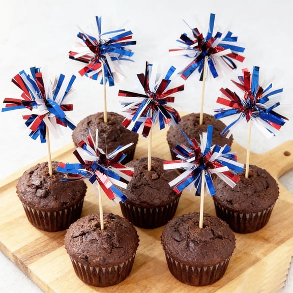 Cififendec 4th of July Foil Tinsel Cupcake Toppers Set of 10, 5.7",Red Blue White Tinsel Picks Suitable for Independence Day Dessert & Party Food Decor