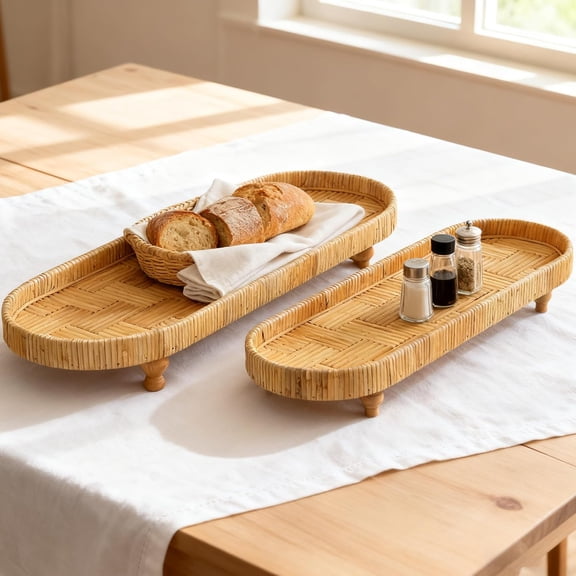 Long Woven Tray Set of 2 with Footed Legs, Decorative Oval Trays, Large Natural Rattan Serving Tray, Kitchen Counter Decor, Dining Table Accessories, Boho Food Trays