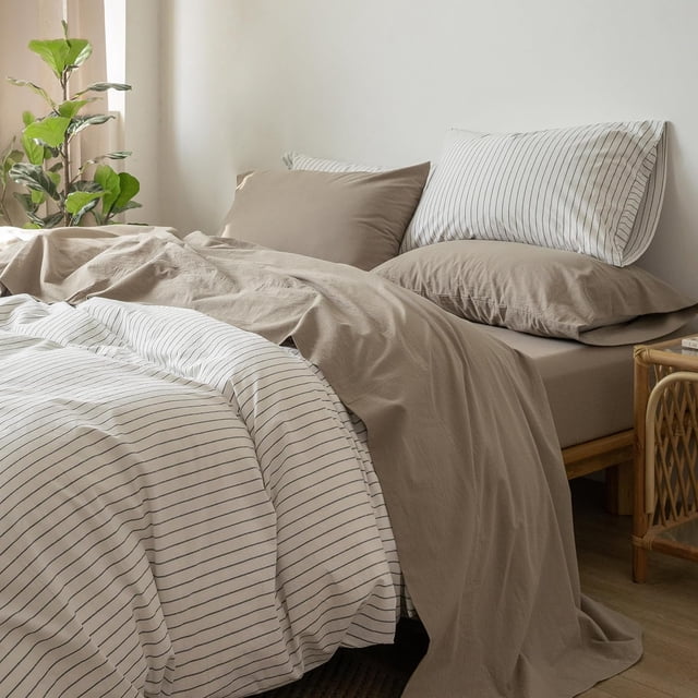 Ensemble de Draps en Coton Lavé Effet Lin, Respirant, Durable, Doux et Confortable (Orange Foncé Grand Lit)