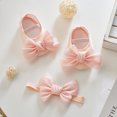 thumbnail image 2 of Newborn Baby Girl Princess Mary Jane Shoes Infant Bowknot Wedding Dress Flat Shoes with Headband Baby Girl's Baptism Christening Shoes Set, 2 of 9