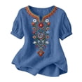 thumbnail image 2 of SSZMDLB Women Plus Size V Neck Short Sleeve Embroidered Boho Tshirt Casual Summer Tops Loose Fit Flowy Tee Shirt Vacation Outfits Beach Holiday Clothes, Blue 2XL, 2 of 7