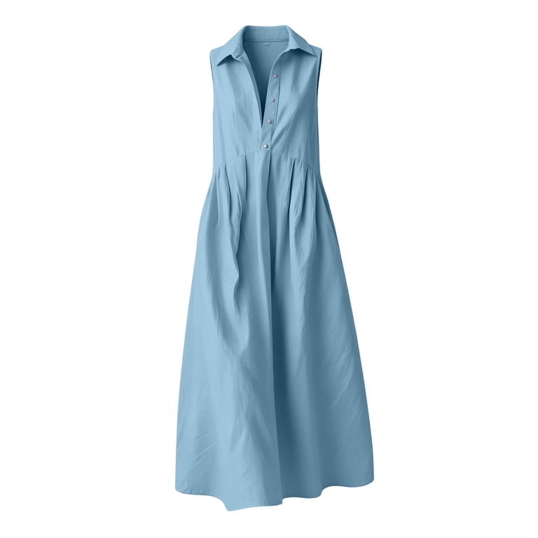 Zpzdpjkx Women's Summer Casual Maxi Dress Sleeveless Collared Neck Loose-Fit Solid Shirt Dress with Pockets